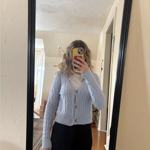 Cropped Light Blue Cable-Knit Button Cardigan for Women